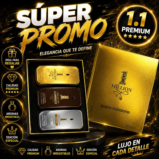 Set de perfumes KingParfumCol 1 Million de Paco Rabanne con tres fragancias en estuche dorado de lujo