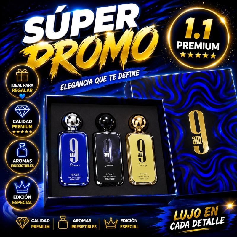 Set de perfumes 9am de KingParfumCol con tres fragancias Afnan en frascos azul, negro y dorado en caja de regalo