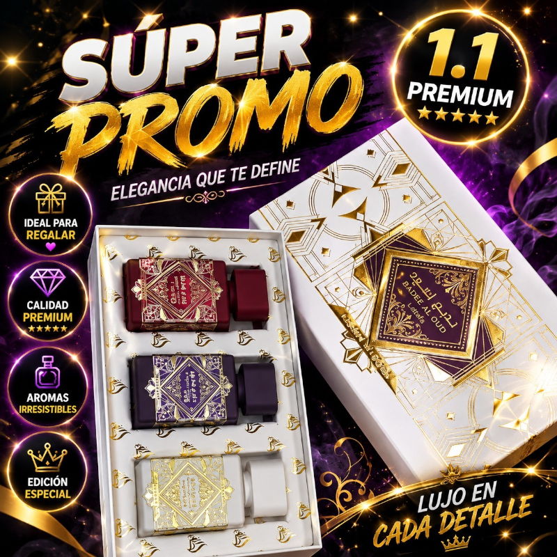 Set de perfumes Lattafa Badee Al Oud de KingParfumCol con tres frascos decorados en caja blanca y dorada de lujo