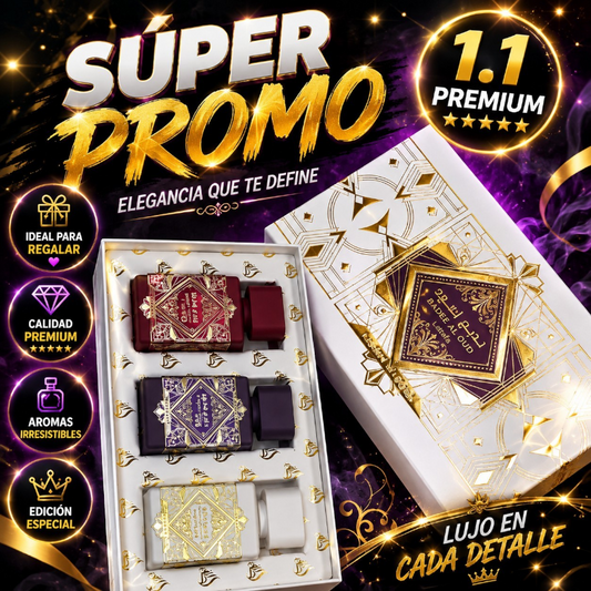 Set de perfumes Lattafa Badee Al Oud de KingParfumCol con tres frascos decorados en caja blanca y dorada de lujo