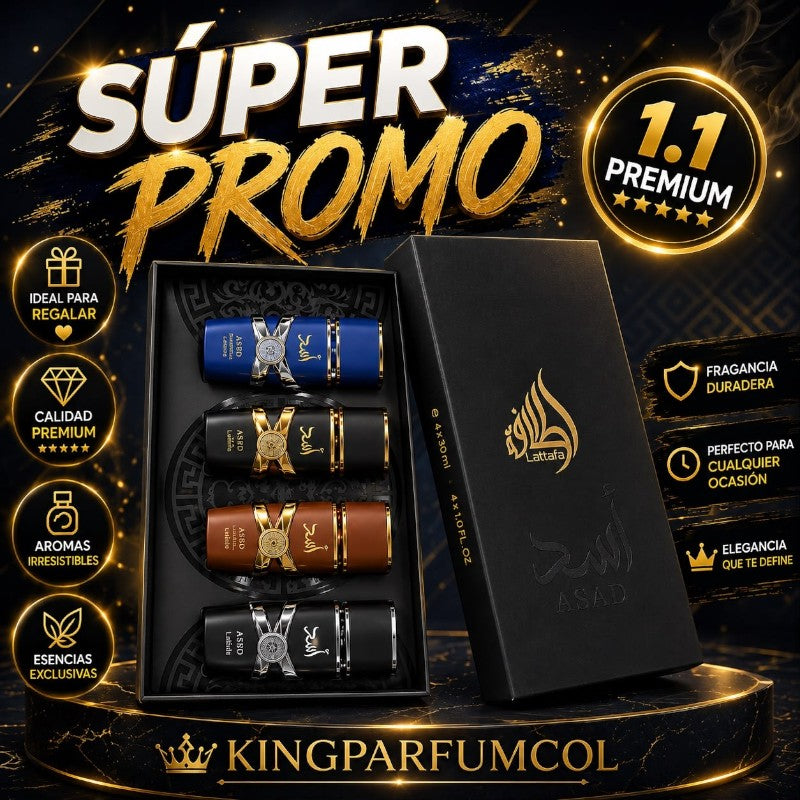 Set de fragancias Lattafa de KingParfumCol con cuatro perfumes en frascos de colores sobre caja de regalo negra