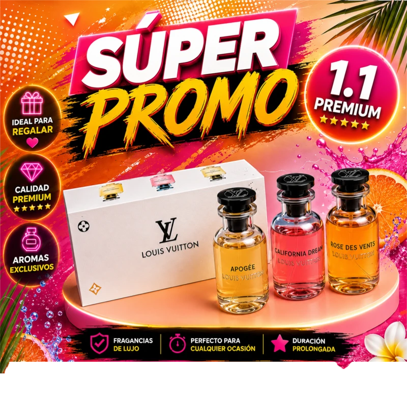 Set de fragancias KingParfumCol Louis Vuitton con tres perfumes en caja de regalo sobre base rosa con cítricos