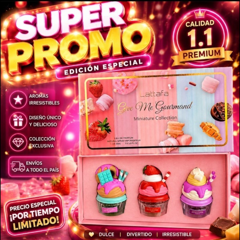 Set de perfumes Lattafa Give Me Gourmand con tres miniaturas en forma de postre dentro de una caja de regalo rosa.
