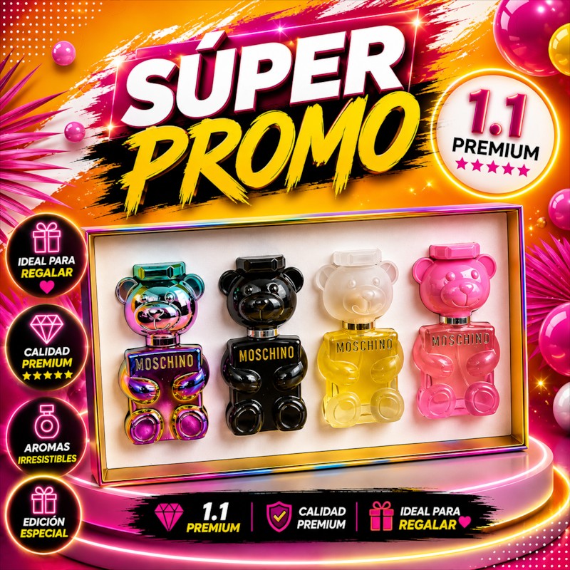 Set de cuatro perfumes KingParfumCol Moschino con frascos en forma de oso de colores iridiscente, negro, amarillo y rosa