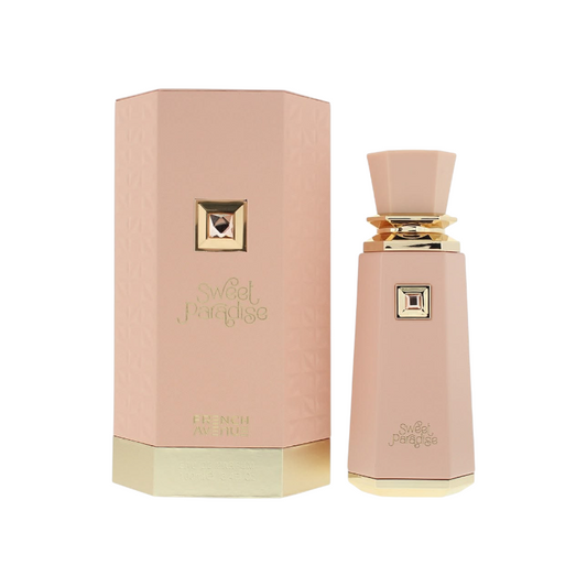 Perfume Sweet Paradise French Avenue de KingParfumCol en frasco rosa mate con detalles dorados y caja a juego