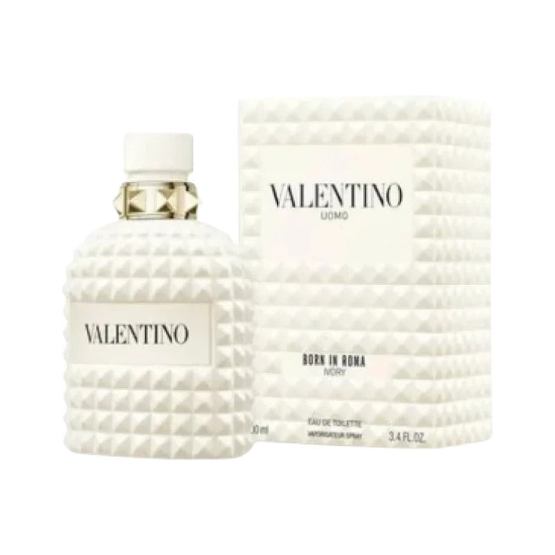 Perfume Valentino Uomo Born in Roma Ivory de KingParfumCol con frasco blanco texturizado y detalles de tachuelas