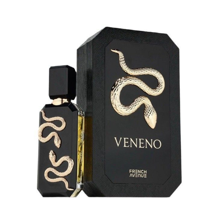 Perfume Veneno French Avenue de KingParfumCol con frasco negro, detalles de serpiente dorada y caja a juego
