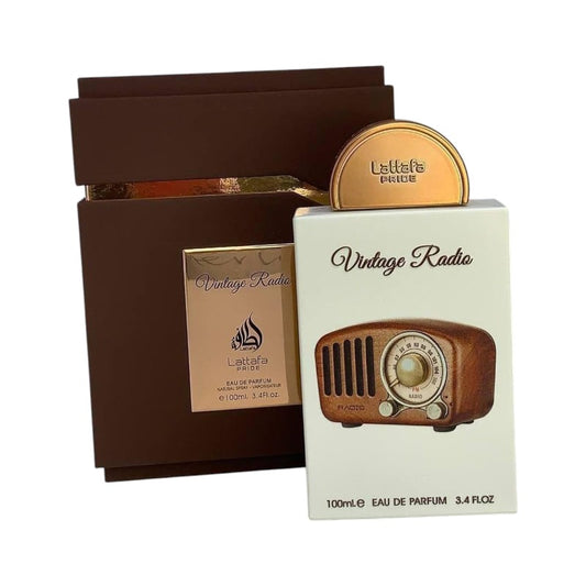 Perfume KingParfumCol Vintage Radio con caja marrón y frasco decorado con ilustración de radio antigua