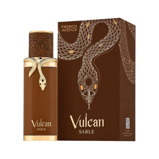 Perfume KingParfumCol Vulcan Sable con frasco marrón, detalle de serpiente dorada y caja decorada con diseño de serpiente
