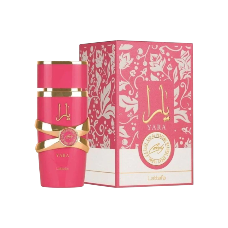 Perfume Yara Candy Original de KingParfumCol en frasco rosa brillante con detalles dorados y caja floral a juego