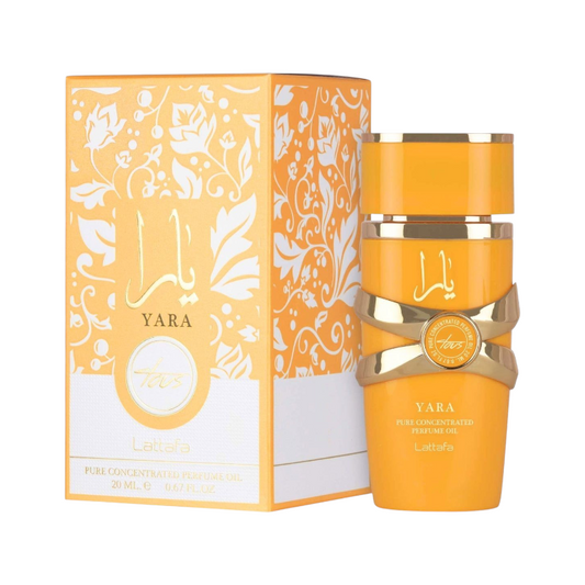 Perfume Yara Tous Lattafa de KingParfumCol en frasco naranja con detalles dorados junto a su caja decorada