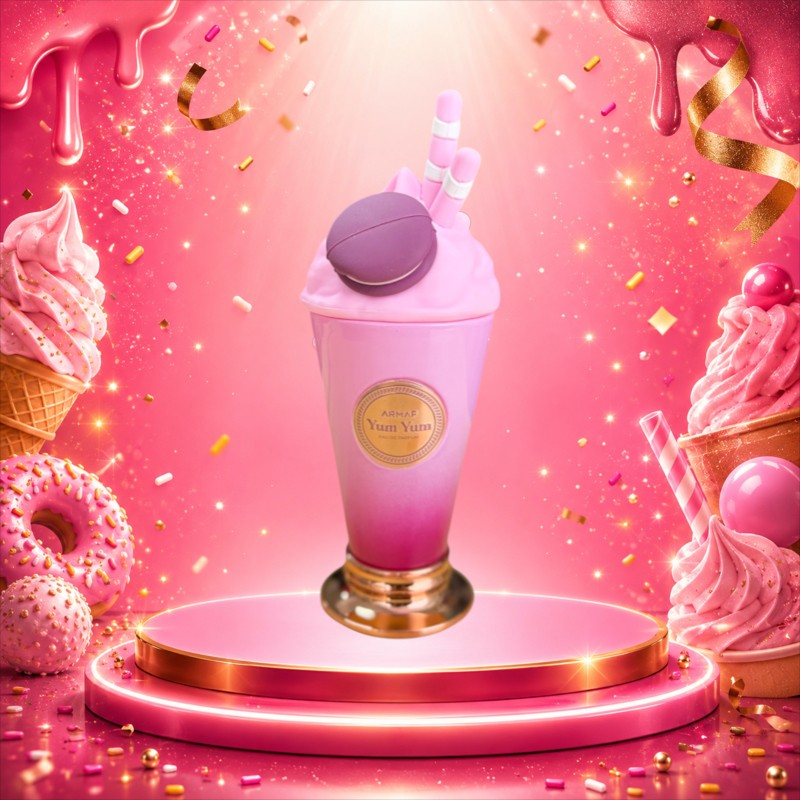 Frasco de perfume KingParfumCol Yum Yum con forma de batido rosa con un macaron y pajitas sobre una mesa de madera