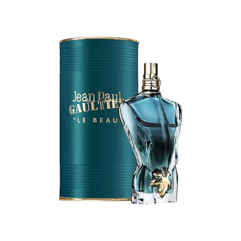 Perfume Le Beau de Jean Paul Gaultier en KingParfumCol con frasco azul en forma de torso y lata cilíndrica verde